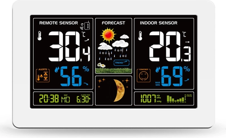 Solight Wetterstation mit extra großem farbigem LCD und USB-Ladefunktion, weiß