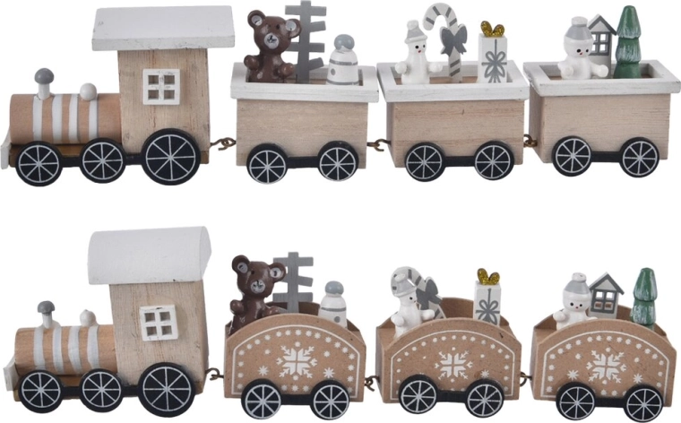 Petit train de Noël en bois avec locomotive et wagons – 25 cm