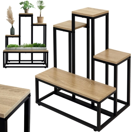 Tiered metal freestanding plant stand for 6 plants in rustic oak finish - 1 piece