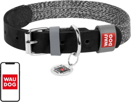 Lederhalsband für Hunde aus Naturleder und recyceltem Material mit QR-Code WAUDOG L, Breite 25 mm, schwarz