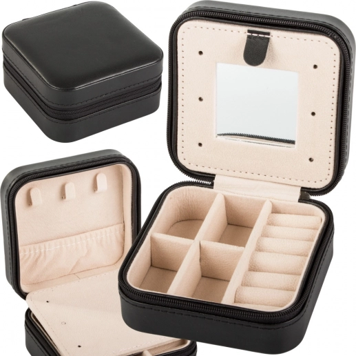 Travel jewelry case with organizer and mirror, black, 10 × 10 × 5 cm