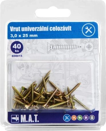 Universele schroeven, volledig schroefdraad 3,0 × 25 mm, verzinkt, 40 stuks