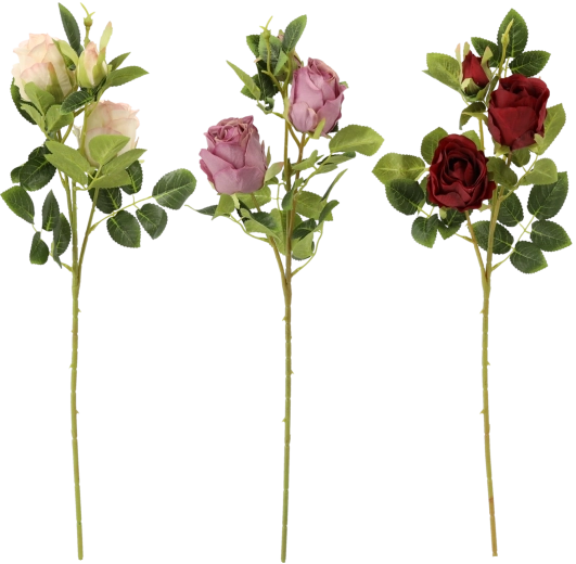 Artificial rose branch with three flowers 66 cm, assorted colors
