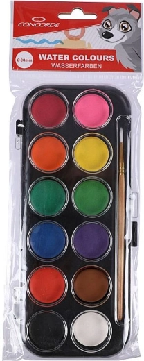Wasserfarben CONCORDE 12 Farben mit Pinsel, 30 mm