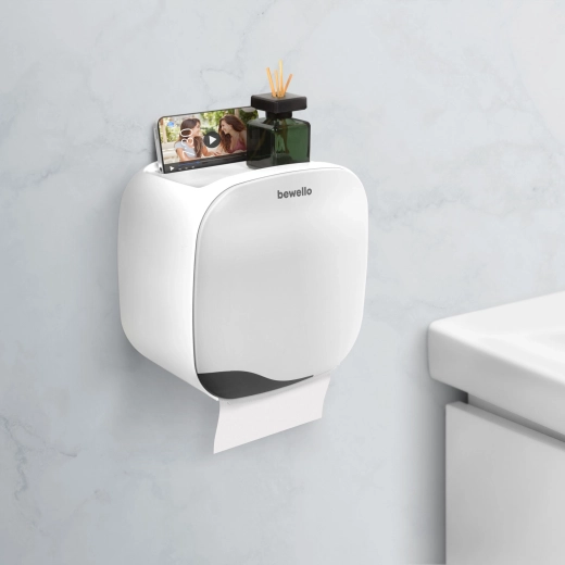 Bewello Wall-Mounted Toilet Paper Holder with Shelf, White