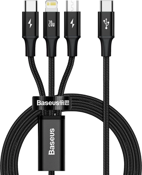Oplaadkabel Baseus 3 in 1, 20W, zwart, 1,5 m
