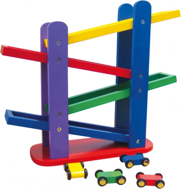 Holzautorennbahn mit bunten Autos