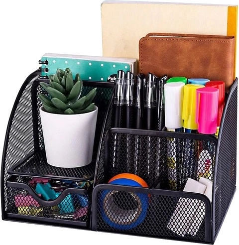 Organisateur de bureau avec 6 compartiments et tiroir, noir