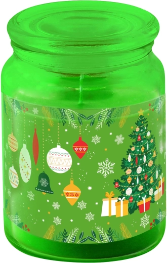 Green glossy candle in a glass jar with lid