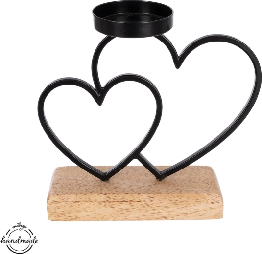 Candle holder made of mango wood and metal with hearts