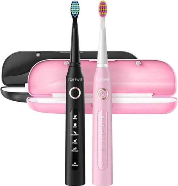 FAIRYWILL Sonic Toothbrush Set with Brush Heads and Cases (Black & Pink)