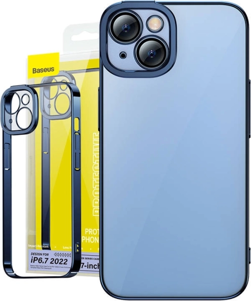 Transparente Hülle mit Glas für iPhone 14 Plus - Baseus Glitter blau