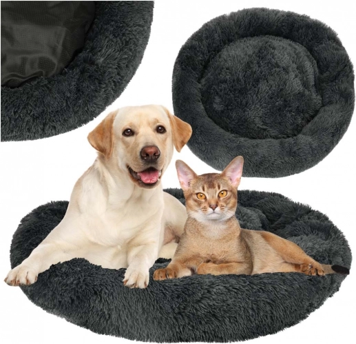 Plüschiges rundes Haustierbett für Hunde und Katzen 100 cm, dunkelgrau