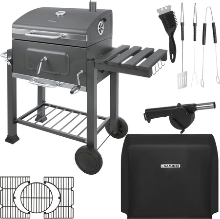 In hoogte verstelbare vuurschaal en roestvrijstalen kolenbak