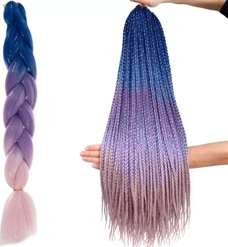 Synthetic ombré braids with glitter strands, blue–purple–pink, 60 cm