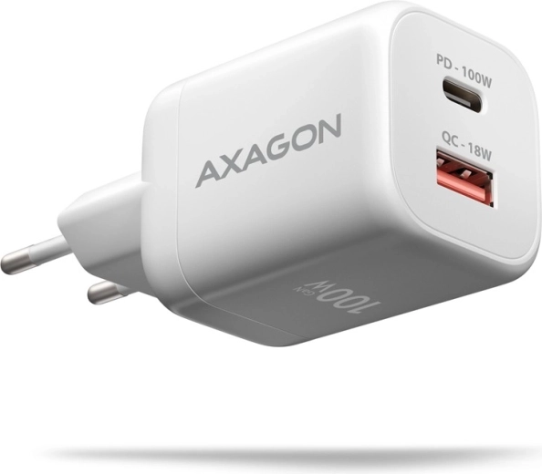 Chargeur secteur GaN AXAGON 100 W avec 2 ports USB-C et USB-A, blanc