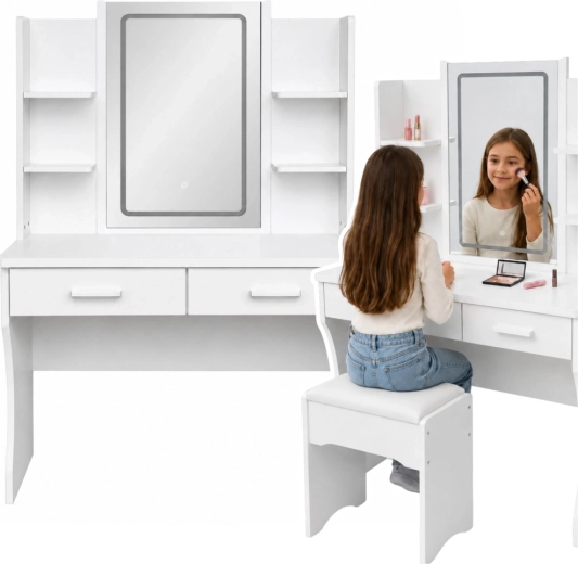Vanity table with LED mirror, shelves and 2 drawers, white 140 × 80 × 40 cm