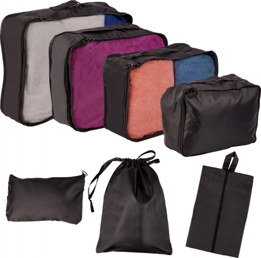 Travel packing organizers for suitcases – set of 7, water‑resistant bags and shoe sack – Black