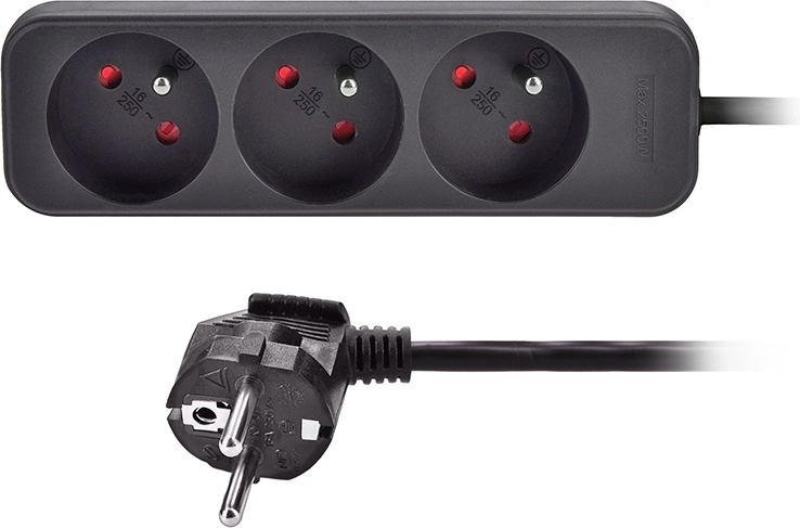 Solight verlengsnoer met 3 stopcontacten, zwart, 3 m