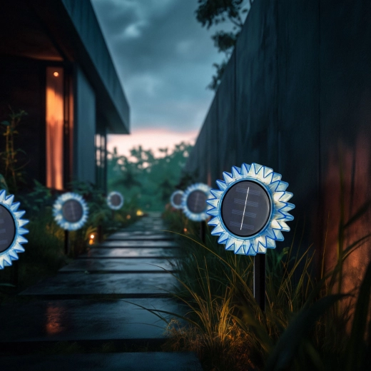 Solair tuinlicht in de vorm van een blauwe zonnebloem, voor in de grond en om op te hangen