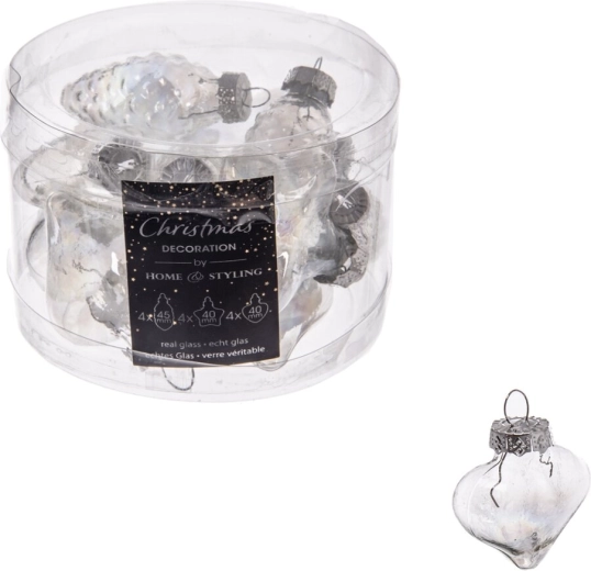 Set of Clear Glass Christmas Baubles 4 cm, 12 pcs