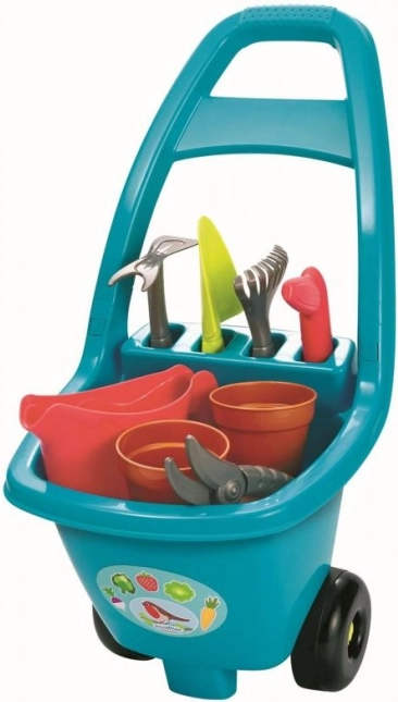 Garden cart for children with tools, flower pots and watering can