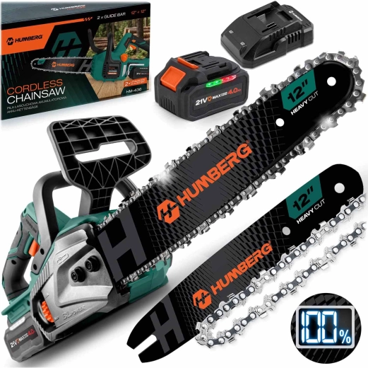 Humberg accu-kettingzaag 12" met borstelloze motor en 4 Ah-accu