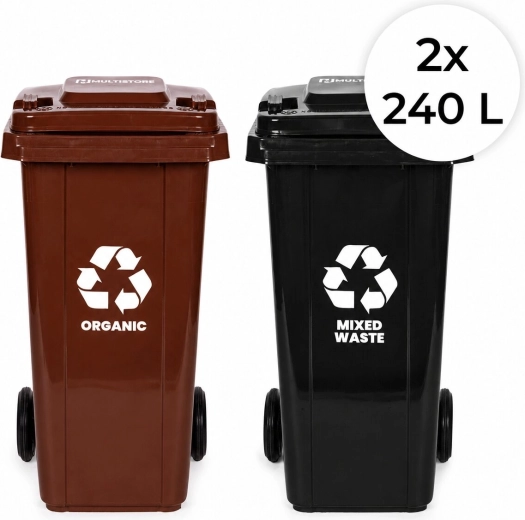 Set van 2 afvalcontainers 2×240 l (zwart + bruin) met rubberen wielen