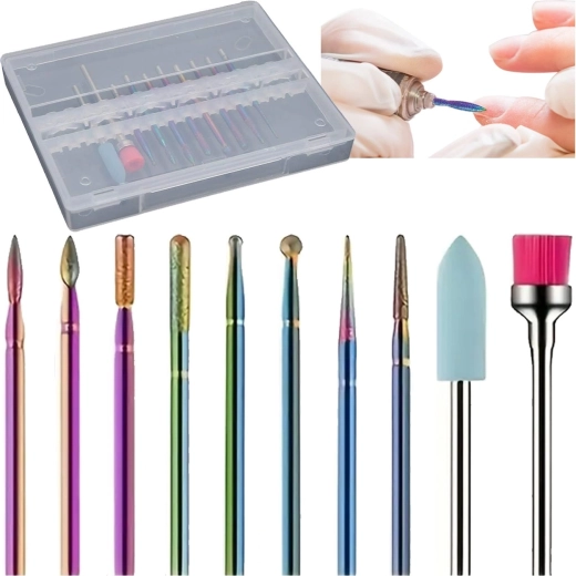 Set of Diamond and Ceramic Nail and Cuticle Drill Bits, 10 pcs in Case