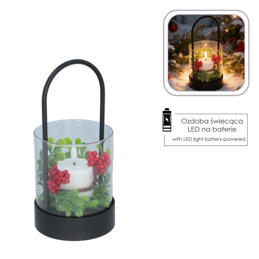 Dekorative LED-Laterne mit Kerze und Weihnachtskranz 21,5 cm – 1 Stück