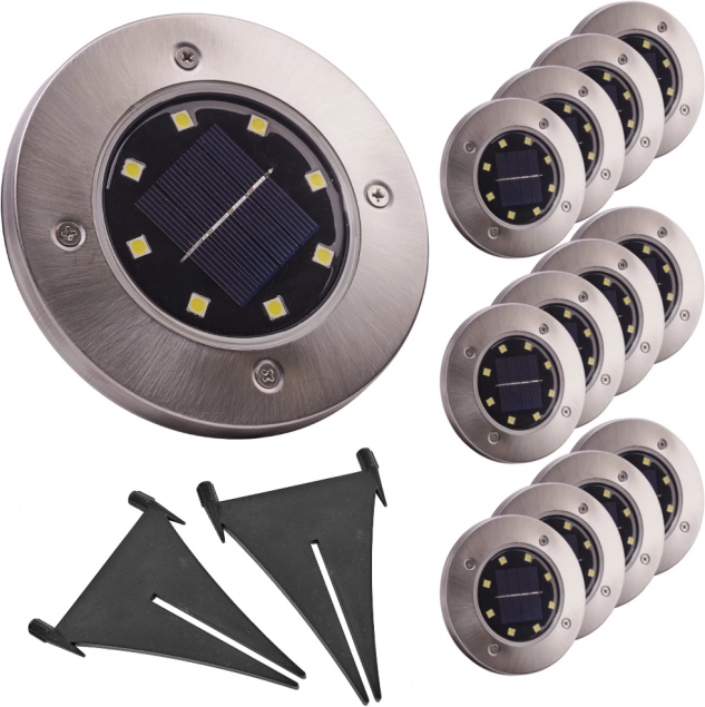Solar Garden Recessed Lights with Dusk Sensor, 8 LED, Cool White, Set of 12