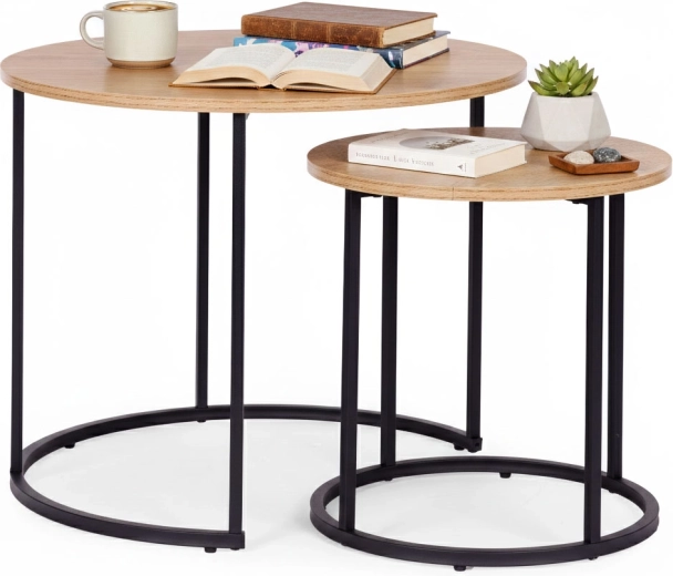 Set van twee ronde salontafels van licht eiken in loftstijl ModernHome