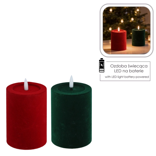 Bougie LED de Noël en velours 7,5 × 13,5 cm rouge/verte - 1 pièce