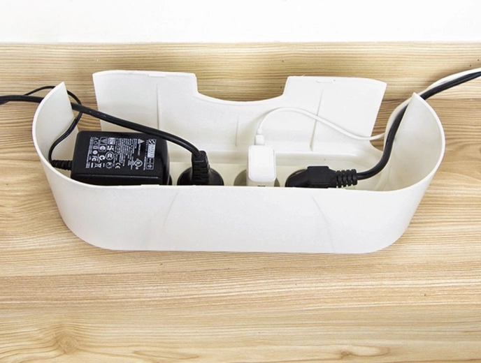 Hides power strips and chargers