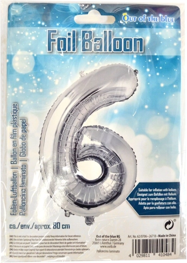 Folieballon cijfer 6 zilver 80 cm