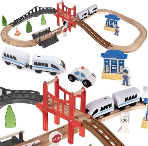 Circuit de train en bois avec pont et wagons