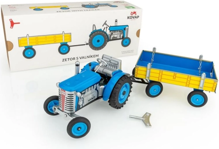 Blikken tractor Zetor met afneembare aanhangwagen met sleutel, rood/blauw/groen