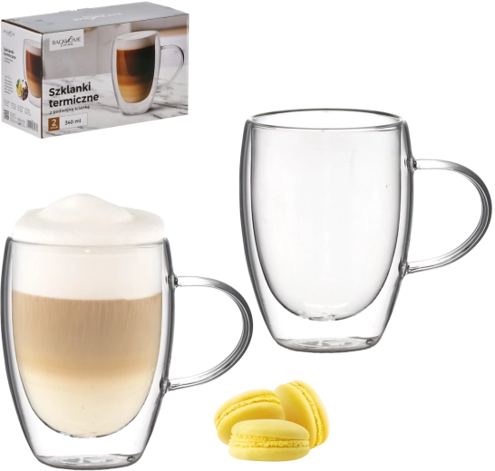 Set of 2 double-wall thermal glass mugs with handle 340 ml