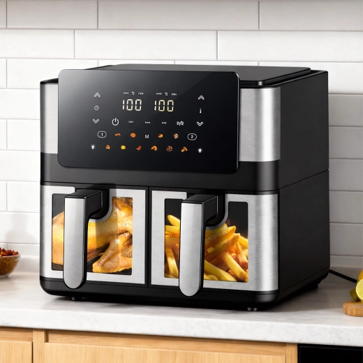 Touch controls and viewing windows to monitor cooking