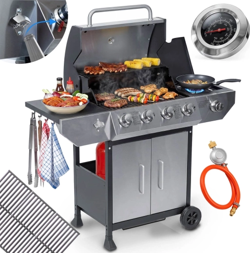Gril à gaz de jardin Berdsen BBQChef avec grille en fonte résistante à la chaleur et couvercle, 4+1 brûleurs