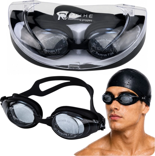 Lunettes de natation avec traitement anti-buée et protection UV, noires, avec étui