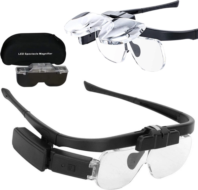 Head-mounted magnifying glasses with LED lighting and interchangeable lenses 1.5x–4.5x