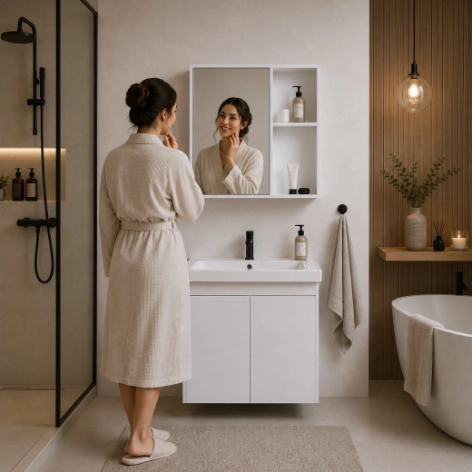 Armoire miroir et espaces de rangement bien pensés