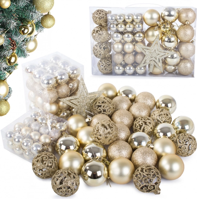 Set aus 100 Weihnachtskugeln mit goldenen Sternen
