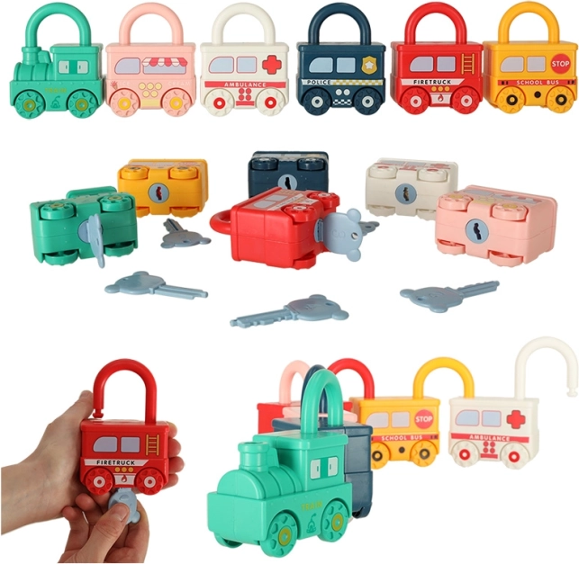 Montessori set vergrendelbare autootjes met sleutels – treintje en voertuigen, 13 stuks