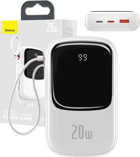 Batterie externe Baseus Qpow Pro avec câble Lightning et USB 20000 mAh 20 W blanche