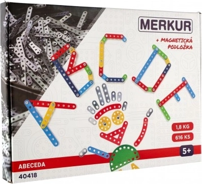 Baukasten MERKUR Alphabet + magnetische Unterlage 616 Teile im Karton 36×26×3 cm