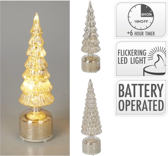 Glazen LED-decoratieboom met zilverkleurige afwerking en timer - 1 stuk
