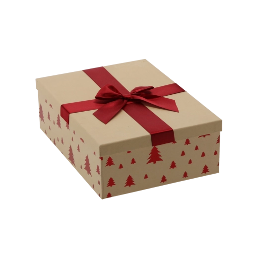 Weihnachts-Geschenkbox braun mit bordeauxfarbener Schleife 26,5 × 18 × 7 cm