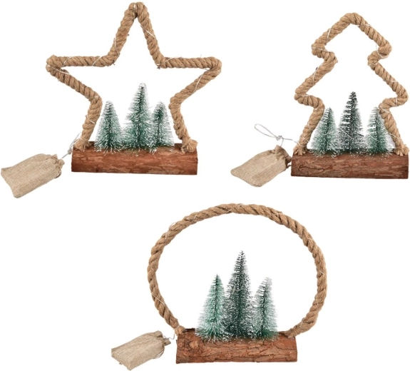 Petit sapin décoratif LED en bois et jute avec minuterie 30 cm